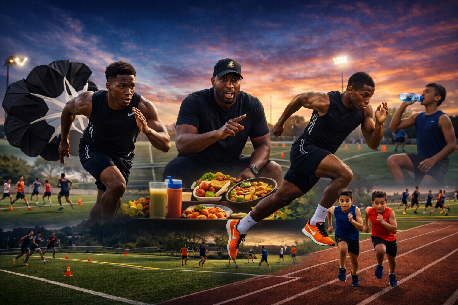 US Athletic Fuel — coaches and student athletes training outdoors with agility drills alongside nutrition education